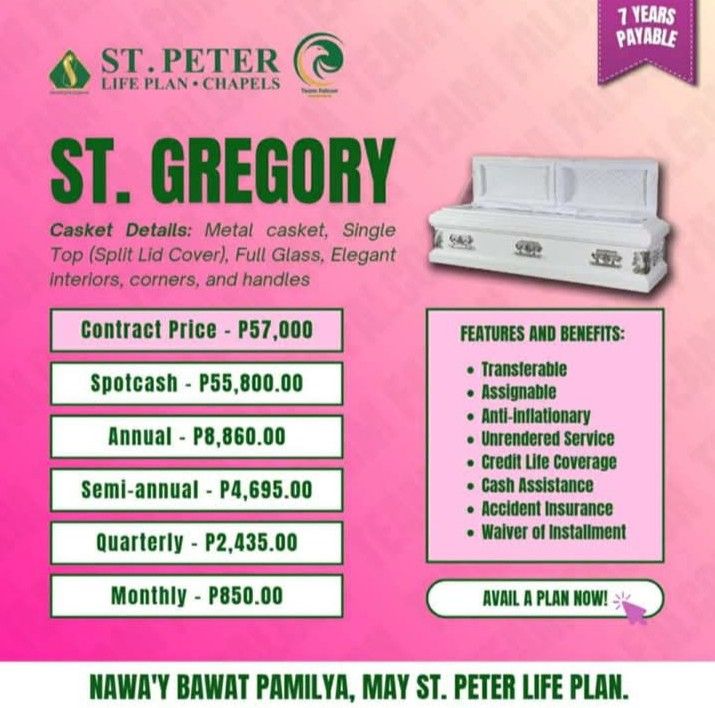 St. Peter Life Plan - St. Gregory & St. George (Category: Everything Else Others) located in Mandaluyong City. Submitted by ireneipt_21 (Listing ID 1395612111, Image 1). Description: St. Peter Life Plan offers St. Gregory and St. George plans. St. Gregory features a metal casket with a single top, full glass, and elegant interiors. St. George offers a wood casket with similar features. Both plans include transferability, assignability, anti-infla