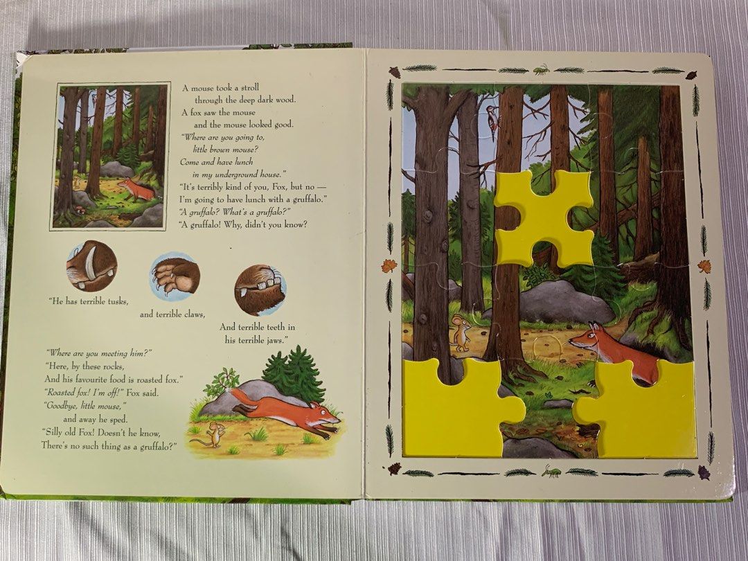 The gruffalo jigsaw book (Category: Children's Books) located in Caloocan City. Submitted by anwylls_little_corner (Listing ID 1395651530, Image 2). Description: Missing 3 puzzle pieces .