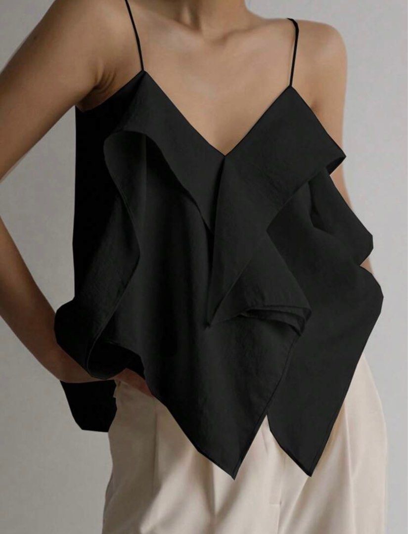 Casual Ruffle Sleeveless Top (Category: Sleeveless) located in Manila. Submitted by summerdeclutters (Listing ID 1390703699, Image 2). Description: - Black / XS - Worn once - Bought for 360 - Model is wearing M - Chill and pretty cute - Easy to style with anything. - The ruffle straps add a fun detail without being too much - Great basic with a lil extra - Open for negotiations! .