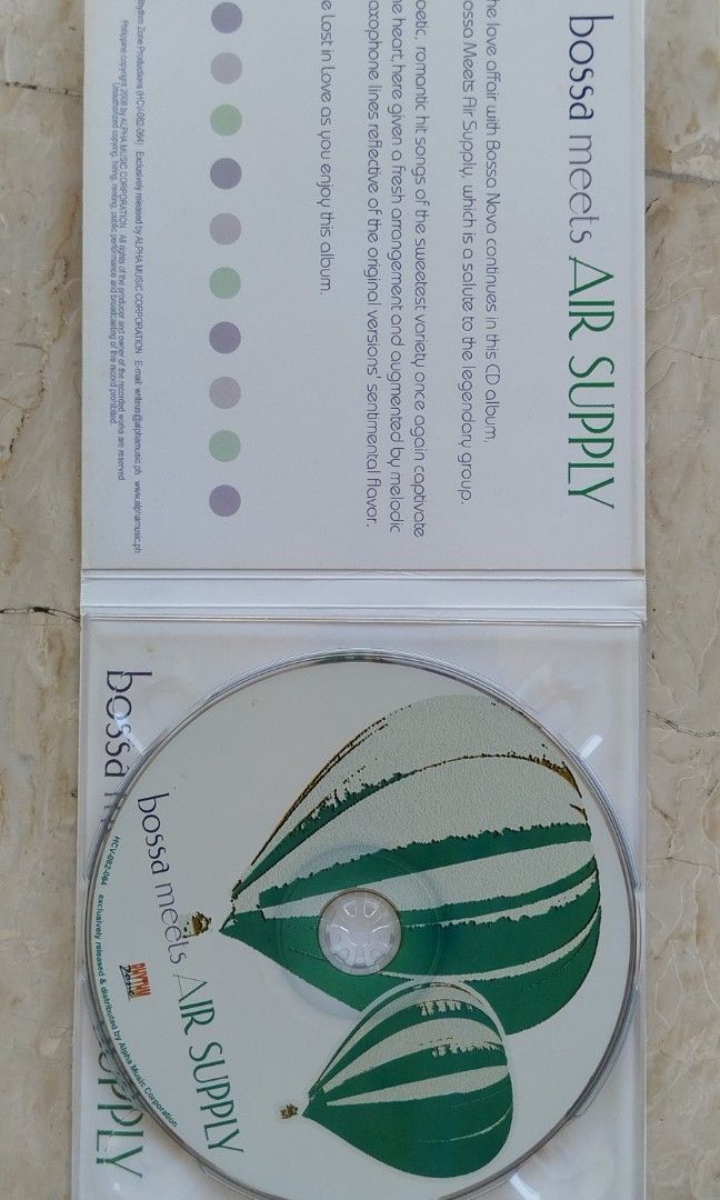 Bossa Meets Air Supply (Category: CDs & DVDs) located in Iloilo. Submitted by pinspirewitha (Listing ID 1390661751, Image 3). Description: Bossafied hits of Air Supply as performed by The Serenadas. Original mall copy..