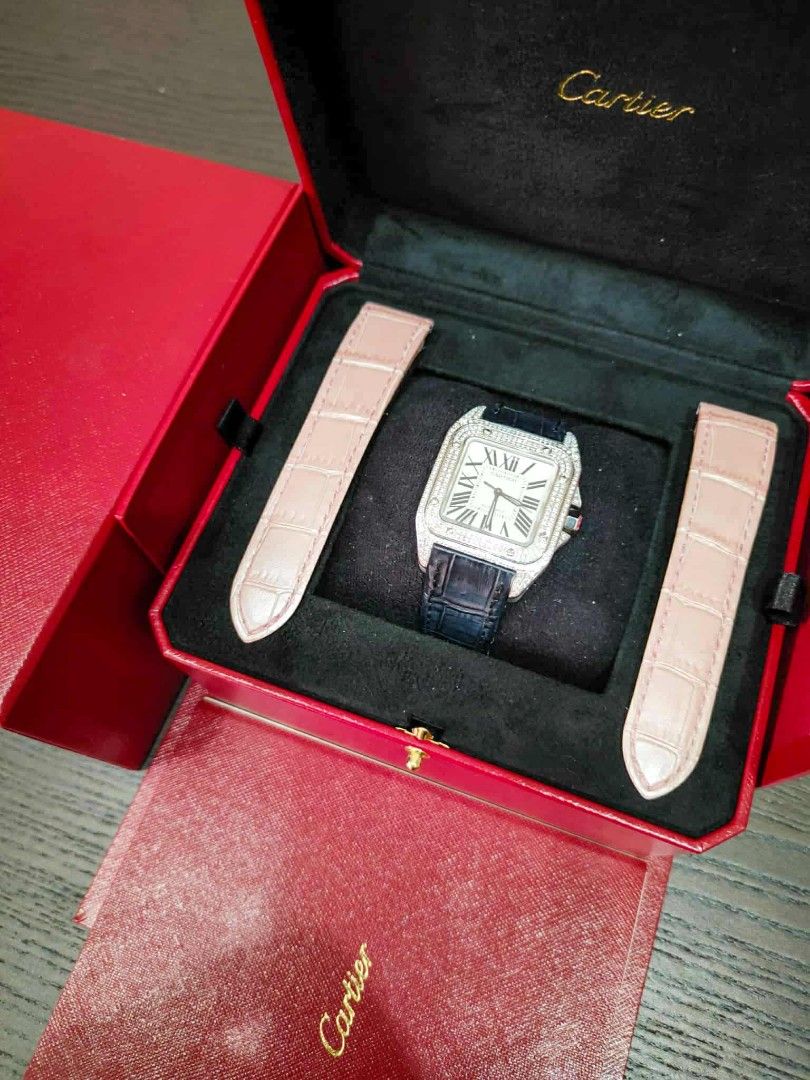 CARTIER SANTOS 100 MEDIUM DIAMOND BEZEL‼️ (Category: Luxury Watches) located in Quezon City. Submitted by timeoutwatches (Listing ID 1390739853, Image 2). Description: CARTIER SANTOS 100 MEDIUM DIAMOND BEZEL‼️ Price: 288,000 php Complete Set w/ Extra Pink Cartier Leather Strap Automatic Movement Model: W20126X8 Case: 33mm x 43mm Condition: 9 / 10 Customized Diamond Bezel White Dial.