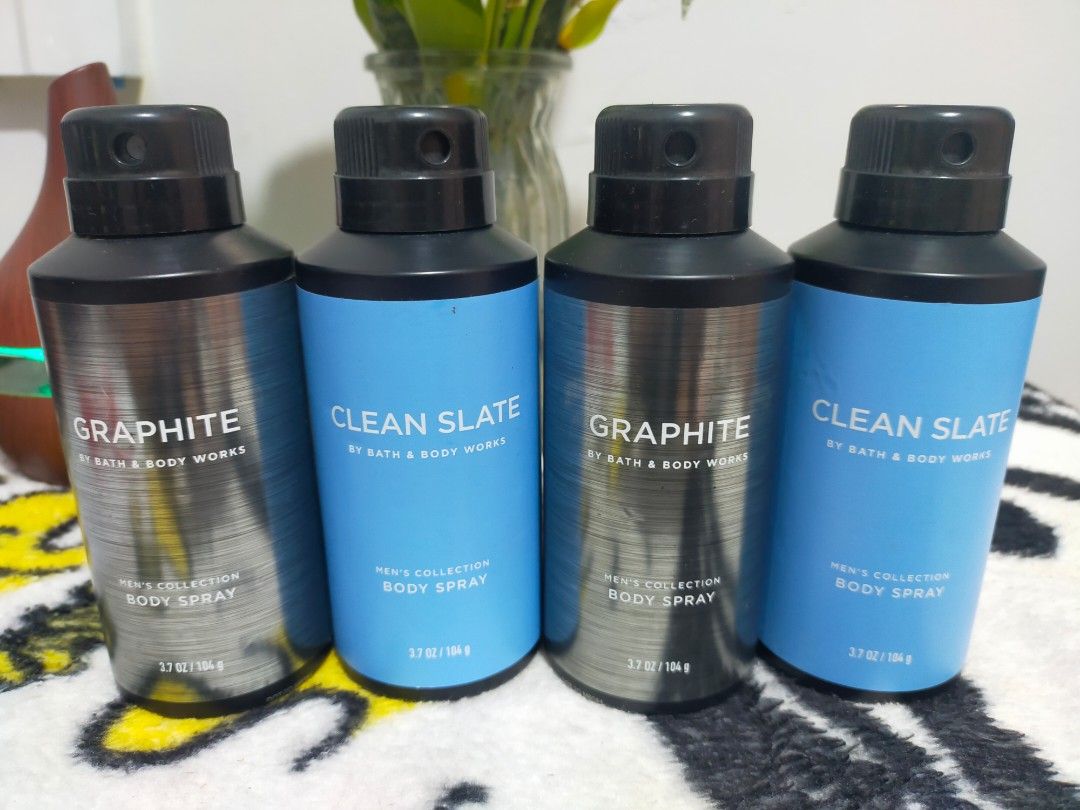 Clean Slate and Graphite Body Spray 104g (Category: Body Care) located in Cavite. Submitted by care20 (Listing ID 1390723514, Image 1). Description: bath and body works body spray Men's collection Sell per bottle clean slate and graphite.
