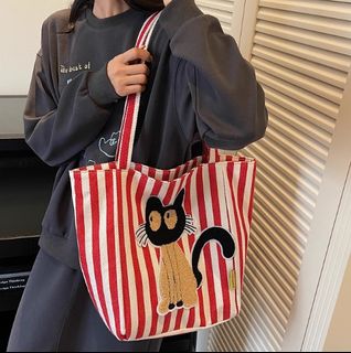 HM937 帆布料條紋間色貓咪圖案側背包 $7564209179351681110