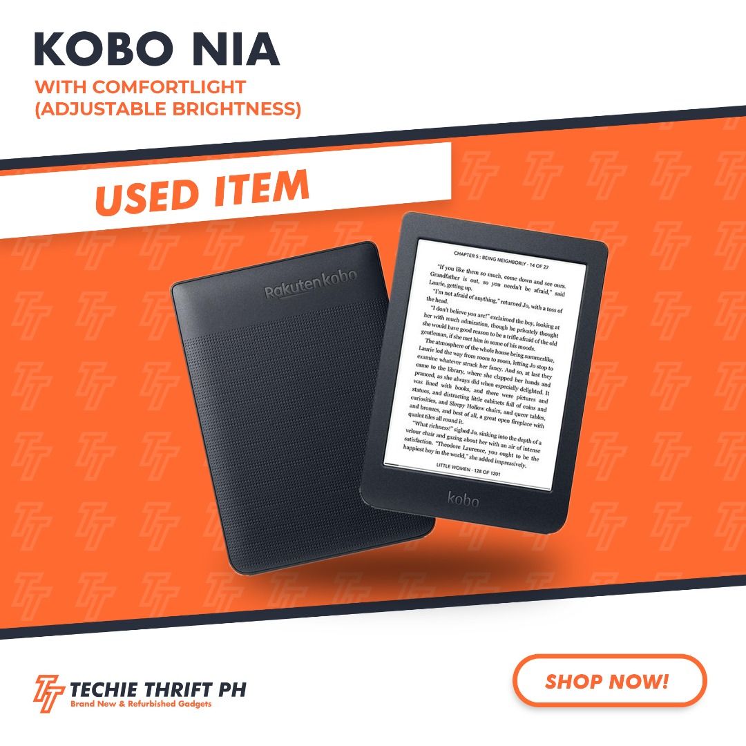 Kobo Nia 8GB *REFURBISHED* (Category: E-Readers) located in Quezon City. Submitted by jerreyess (Listing ID 1092056893, Image 1). Description: Kobo Nia 8GB ON-HAND COLOR BLACK AVAILABLE 🌟CERTIFIED REFURBISHED 💯AUTHENTIC ⭐ LIKE-NEW CONDITION FEATURES: ✔️6" 212 PPI E Ink touchscreen (1024 × 758 resolution) ✔️8GB Memory ✔️ComfortLight – Adjustable brightness ✔️TypeGenius: 12 different fonts and over 50 font styles ✔️15 file formats supported nativ