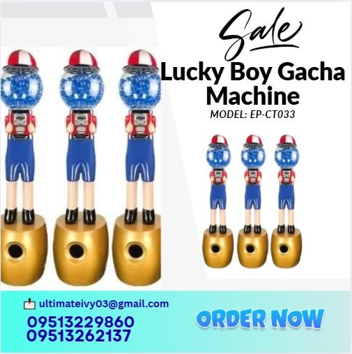 Lucky Boy Gacha Machine Model: EP-CT033 (Category: Interactive Toys) located in Caloocan City. Submitted by ultimatekh80569 (Listing ID 1390701032, Image 1). Description: 1.Machine size: 155*38*30cm 2.Material: glass fiber 3.Coin acceptor: 1-2 coins, coin acceptor electro- galvanized alloy 4.Applicable size: 25-35mm elastic ball, candy, etc. 5.Net weight: 14kg gross weight 16kg 6.Chassis capacity: 500 32mm bouncy balls ✅ 100% LEGIT TRUSTED SUPPLI