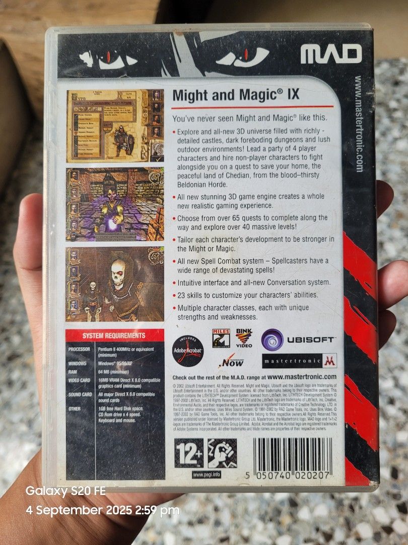 Might and Magic IX (PC CD-ROM, 2 Disc Set) (Category: Others) located in Cotabato. Submitted by choonching (Listing ID 1390685139, Image 2). Description: 📀 Original Ubisoft release, Mastertronic Added Dimension (MAD) version 👌 Complete case + 2 discs, good condition 👾 Classic RPG, perfect for collectors or retro gamers 📅 Rare na rin makahanap nito ngayon ✅ Works on PC CD-ROM drive (pang-retro setup) ✅ PEGI 12+ rating ✅ 2-disc set, complete! P