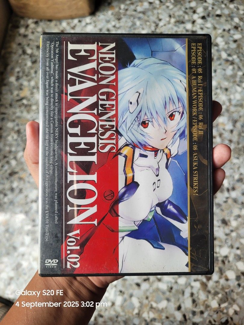 Neon Genesis Evangelion Vol. 02 (DVD) (Category: CDs & DVDs) located in Cotabato. Submitted by choonching (Listing ID 1390686108, Image 1). Description: 📀 Anime DVD – Episodes 05 to 08 (Rei I / Rei II / A Human Work / Asuka Strikes!) 👌 With case, good condition pa 👾 Perfect for collectors or fans ng classic mecha anime 📅 Retro feels, hard to find na rin yung ganitong release PRICE: 700 Location: Cotabato City (pwede shipping via LBC, add lang