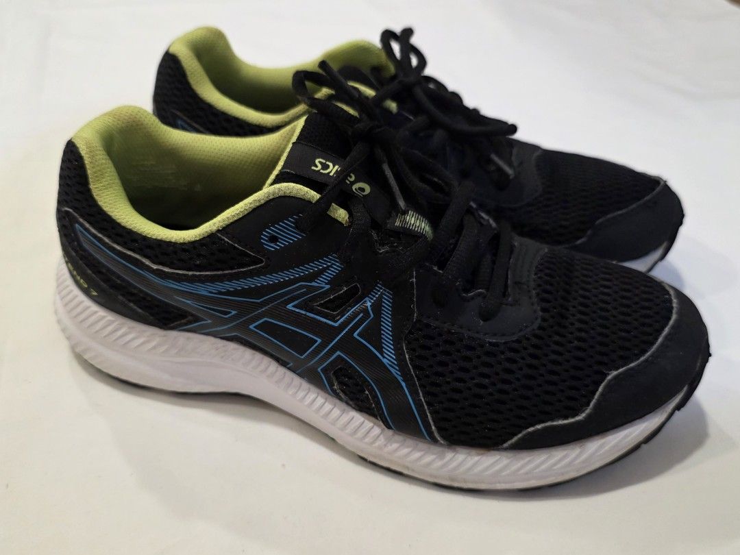 Asics Gel-Contend 7 Black Running Shoes - Size US 6 (Category: Babies & Kids Fashion) located in Singapore. Submitted by seanmc (Listing ID 1390925573, Image 1). Description: - Asics Gel-Contend 7 running shoes - Color: Black with blue and neon green accents - Size: US 6, EUR 39 - Condition: Good, with some signs of wear - Suitable for running or everyday wear.