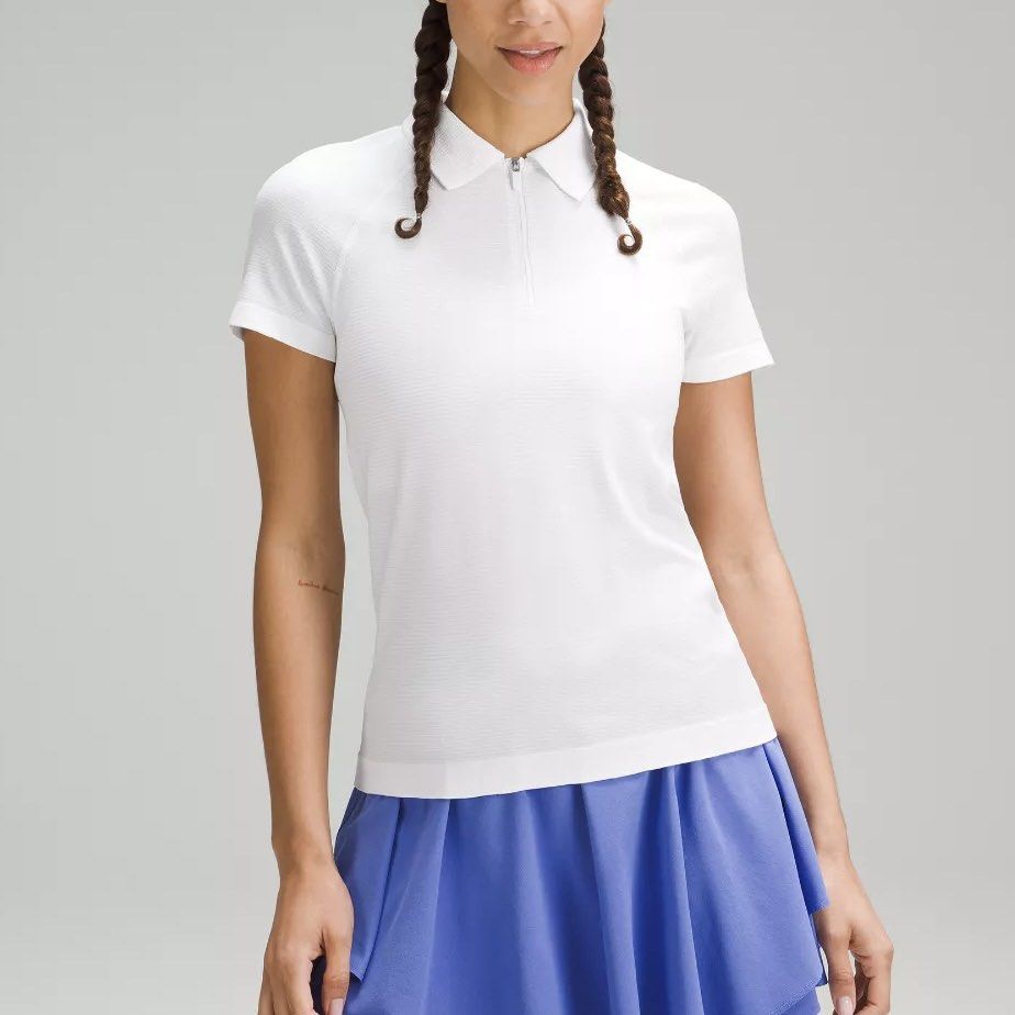 authentic lululemon swiftly tech short sleeve half-zip polo white tee shirt top zip golf tennis sports alo nike adidas cute basic ladies women girls (Category: Shirts) located in Singapore. Submitted by bbgbubz (Listing ID 1390800601, Image 1). Description: authentic tagged size 8 no flaws cheapest on carousell 🩵 deadstock item at lululemon, in a cute basic white color so easy to pair w anyth!! has classic lululemon logo at the back, breathable 