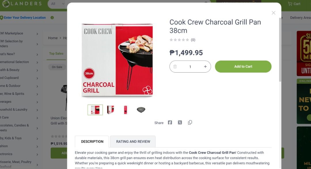 Cook Crew Charcoal Grill Pan 38cm (Category: BBQ, Grills & Hotpots) located in Quezon City. Submitted by aloiseee (Listing ID 1390880353, Image 2). Description: Brand New and Sealed Below SRP PM!! MOP: Gcash Loc: Welcome Rotonda, SM North.