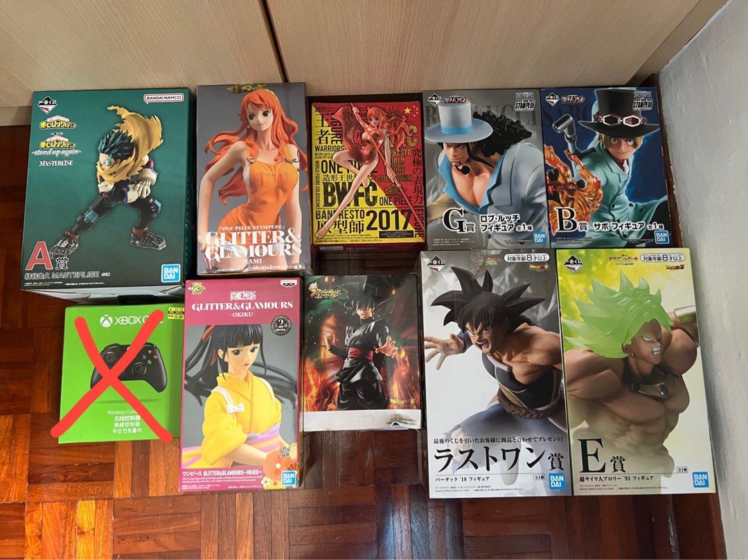WTS Anime Figures - Banpresto, Bandai , ETC (Category: Toy Figures) located in Singapore. Submitted by kwurn (Listing ID 1390925613, Image 1). Description: - New, in-box anime figures available! - Series include: - "Evangelion" - "JoJo's Bizarre Adventure" - "One Piece" - "Dragon Ball" - "My Hero Academia" - See images for specific figures and details. - PM me your price.