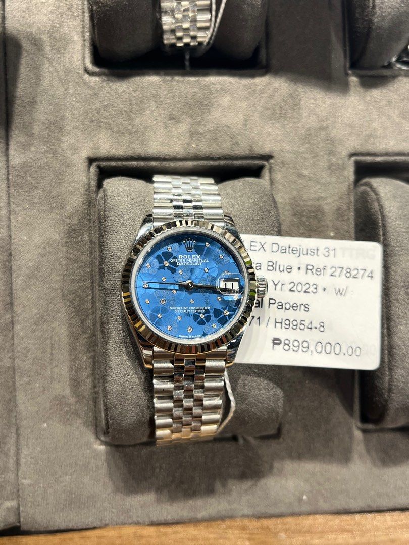 Datejust 31mm (Category: Luxury Watches) located in Marikina City. Submitted by yaniyanyan (Listing ID 1391071327, Image 1). Description: Datejust 31mm Floral Blue dial Ref 278274 Year model 2023 with original papers .