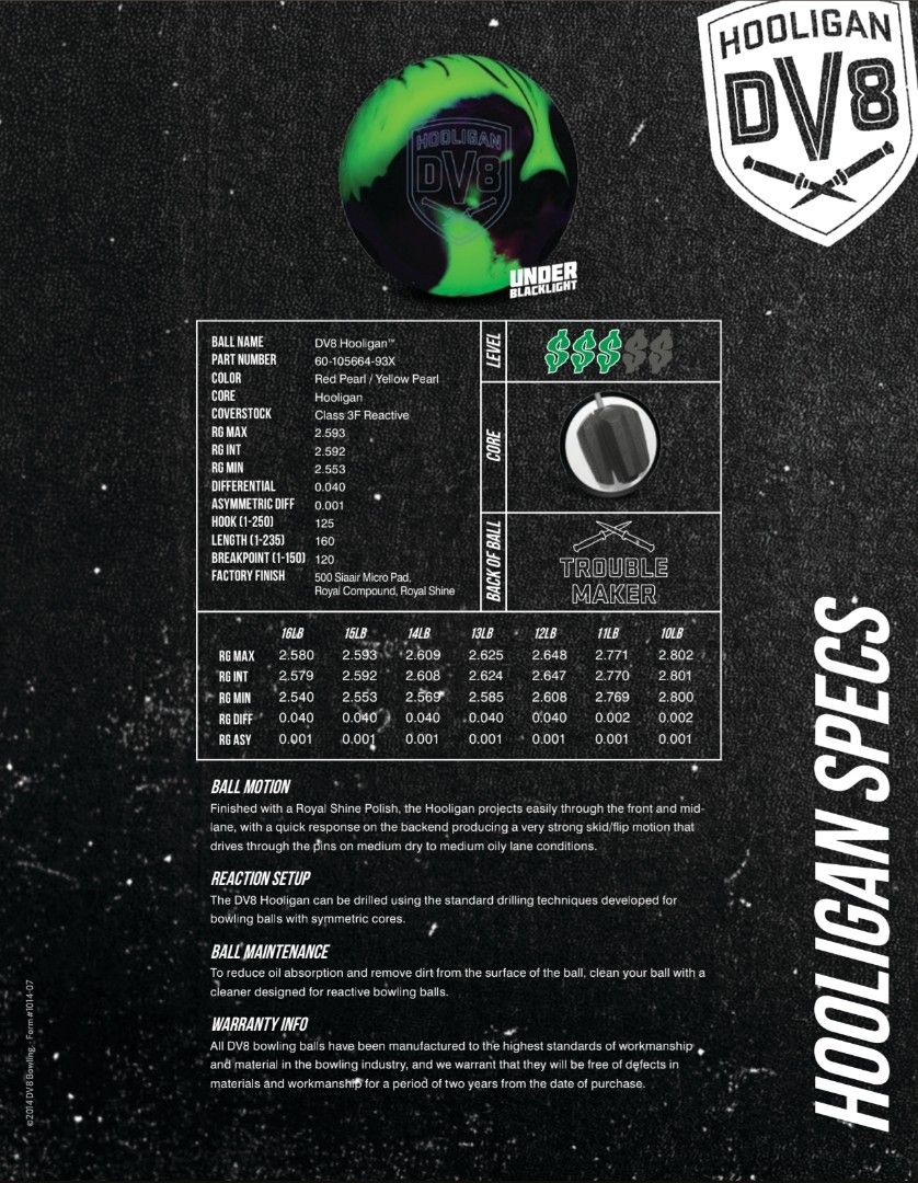 DV8 Hooligan Bowling Ball, 13lbs, Sports Equipment, Sports & Games