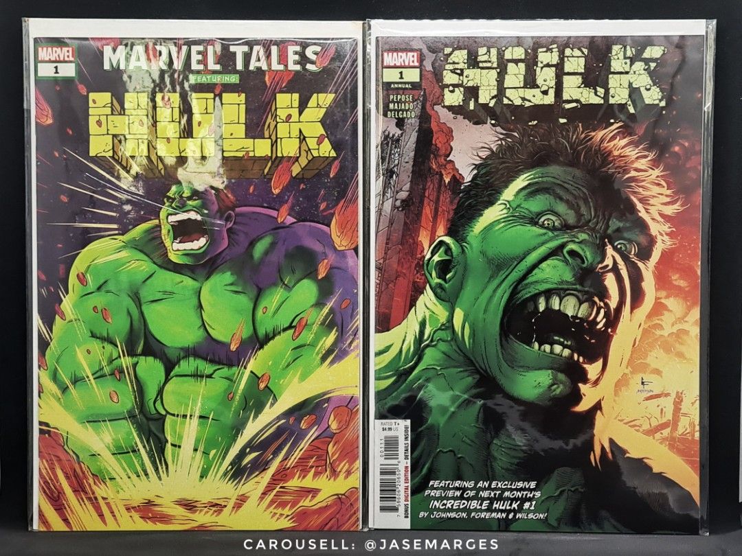 HULK comics bundle (Category: Comics & Manga) located in Binan City. Submitted by jasemarges (Listing ID 1390973286, Image 1). Description: Hulk comics bundle Set of two comic books + freebie Php 600 Marvel Tales: Hulk * F/VF condition * 80 pages * Collects three (3) issues: The Incredible Hulk (1968) #324 Savage She-Hulk (1980) #1 The Incredible Hulk (1968) #377 * Cover art by Jen Bartel Hulk 2023 Annual * F/VF condition * Featuring stories by D