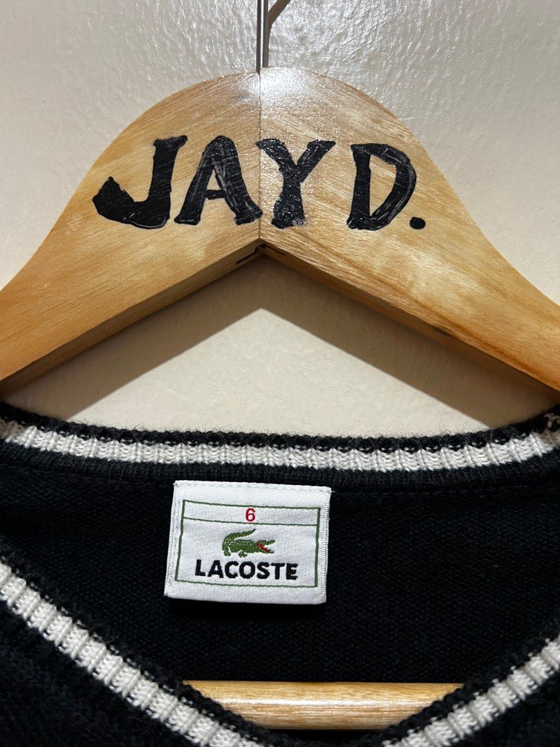 Lacoste knit sweater (Category: Babies & Kids Fashion) located in Quezon City. Submitted by deviljin17 (Listing ID 1390993345, Image 2). Description: Lacoste knit sweater Size 6 on tag 15” x 22”.