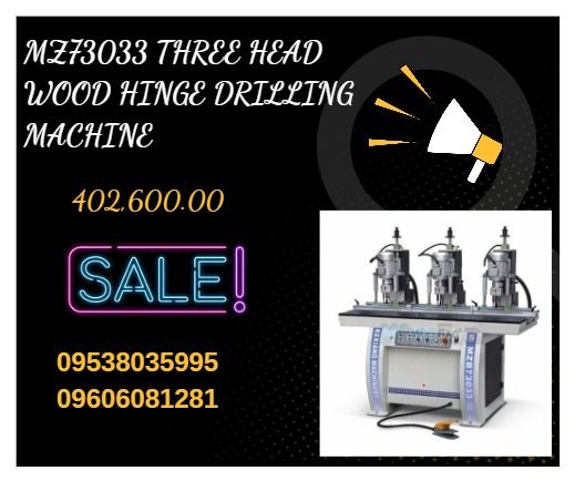 MZ73033 three head wood hinge drilling machine (Category: Construction Tools & Equipment) located in Caloocan City. Submitted by 09945233960 (Listing ID 1391017463, Image 1). Description: Max boring diameter 50mm Max drilling depth 60mm Drilling distance 185-1400mm Number of spindle 3dpindle*3 Spindle speed 2840r/min Motor power 1.5kw*3 Air pressure 0.6-0.8MPa Overall dimension(cm) 160*120*170 Weight 450kg .