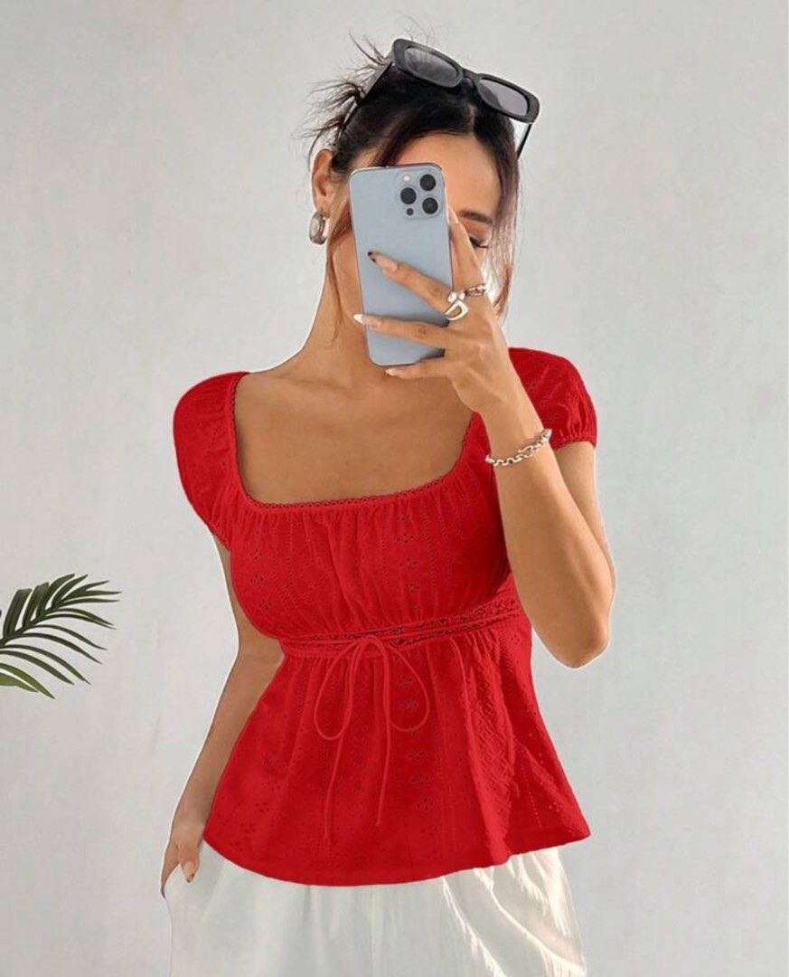 SHEIN Square Neck Tie Waist Top (Category: Blouses) located in Manila. Submitted by eunicefaye (Listing ID 1391103967, Image 1). Description: SHEIN EZwear Women’s Square Neck Short Sleeve Tie Waist Textured Ruched T-Shirt Color: Red ❤️ Size: Large (check pics for measurements; slightly stretchy, might fit L-XL frames) Condition: good as new, only used once Negotiable Open for meetups near, NU, NU Nazareth Delivery via lalamove/grab/jnt shouldered