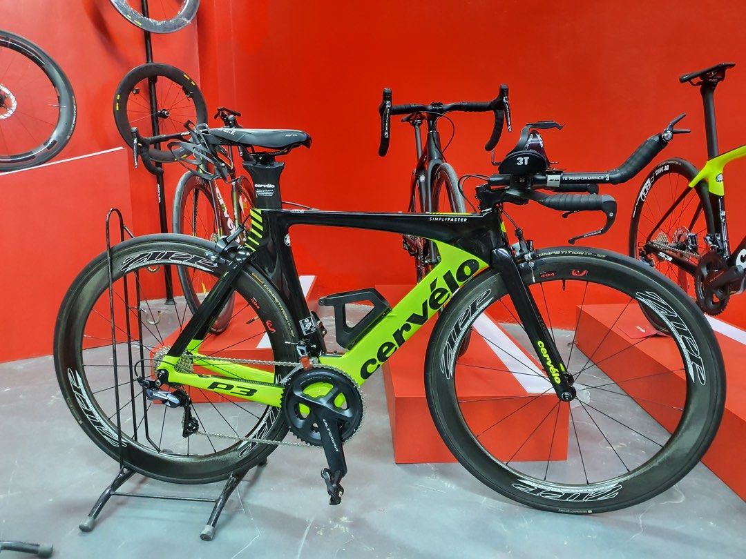 Cervelo P3 Tri Bike (Category: Bicycles) located in Mandaluyong City. Submitted by manuel9992 (Listing ID 1391284565, Image 1). Description: Selling my CERVELO P3 Tri-Bike, in pristine condition, bike-wrapped since Day 1. Tech Specs as follows: FRAME/FORK - Cervelo all-carbon Black Fluoro colorway SIZE 48 XS HANDLEBAR - 3T Vola Team Stealth HEADSET - FSA IS2 1-1/8 X 1-1/8” STEM - Cervelo Ultra Light Alloy BRAKE LEVERS - Shimano Dura-Ace FRONT/REA