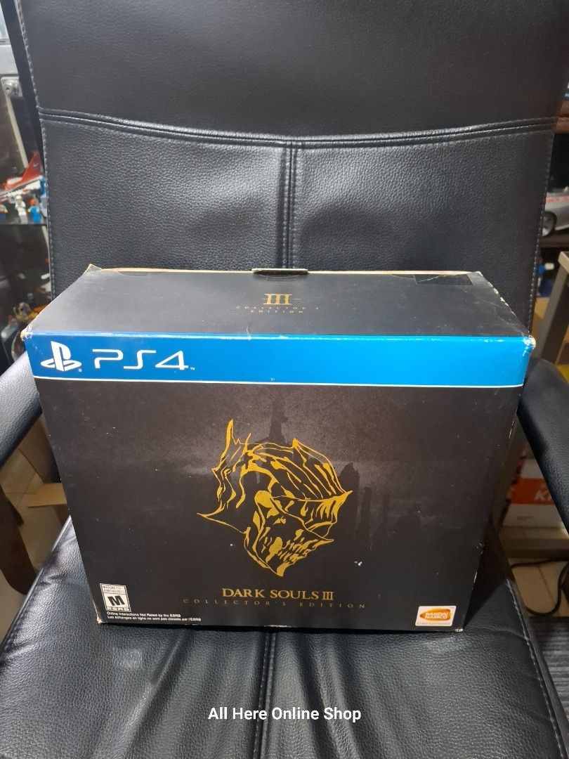 Dark Souls 3 Collector's Edition (Category: PlayStation) located in Las Pinas. Submitted by All.here_OnlineShop (Listing ID 1391264576, Image 1). Description: Dark Souls 3 Collector's Edition Included Items: Collector's Box: A custom-designed box to hold all the items. Red Knight Statue: A 10-inch, PVC figure of the Red Knight from the game. Hardcover Art Book: Contained art from all three Dark Souls games, not just Dark Souls 3. Metal Case: An e