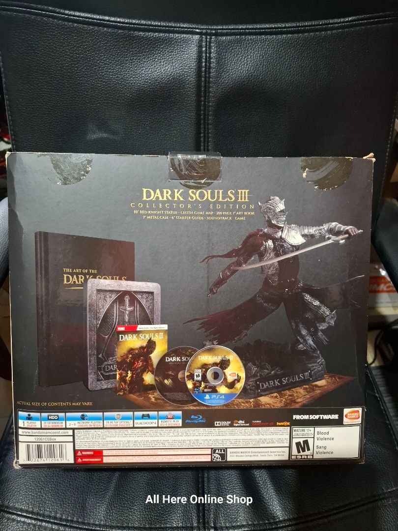 Dark Souls 3 Collector's Edition (Category: PlayStation) located in Las Pinas. Submitted by All.here_OnlineShop (Listing ID 1391264576, Image 2). Description: Dark Souls 3 Collector's Edition Included Items: Collector's Box: A custom-designed box to hold all the items. Red Knight Statue: A 10-inch, PVC figure of the Red Knight from the game. Hardcover Art Book: Contained art from all three Dark Souls games, not just Dark Souls 3. Metal Case: An e