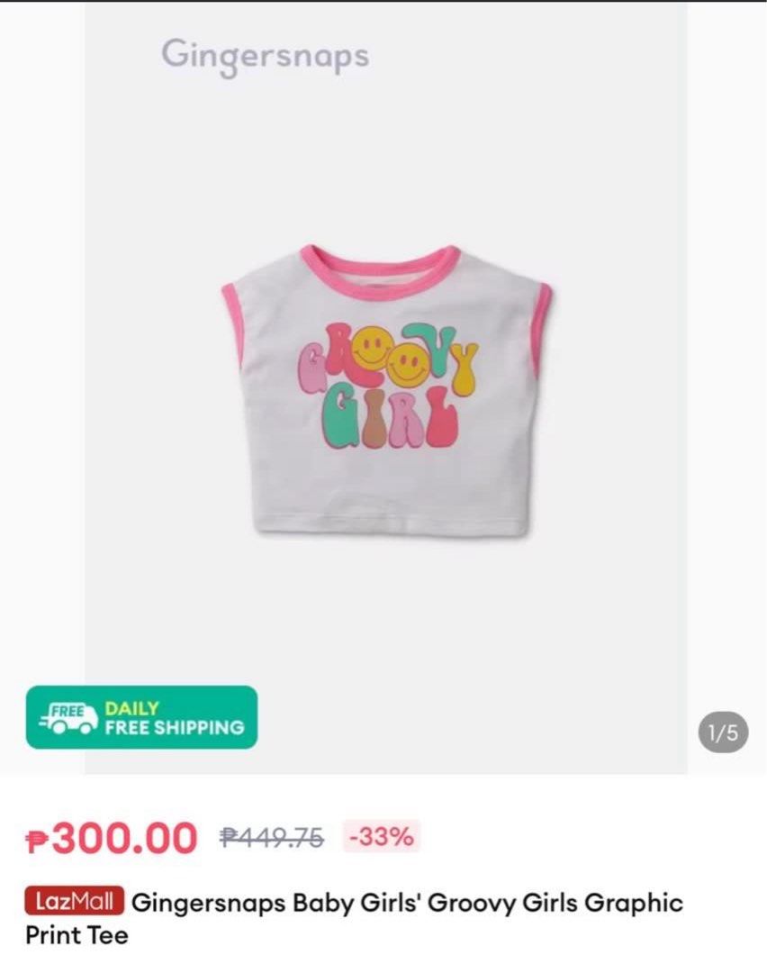 GINGERSNAPS Graphic crop top (12m and 2Y) (Category: Babies & Kids Fashion) located in Marikina City. Submitted by libidibi (Listing ID 1391327112, Image 2). Description: Authentic and brand new with tag, LP posted Size on tag: 12m / 2Y MOP: Gcash / BPI DELIVERY: J&T / Lalamove / Grab Cotton | Girls | Toddler | Baby | Crop | Tee | Top | Shorts | Summer | White Pink | Blue | Retro | Nostalgia | Groovy baby | Dolphin shorts | Colorblock | Daisy flo