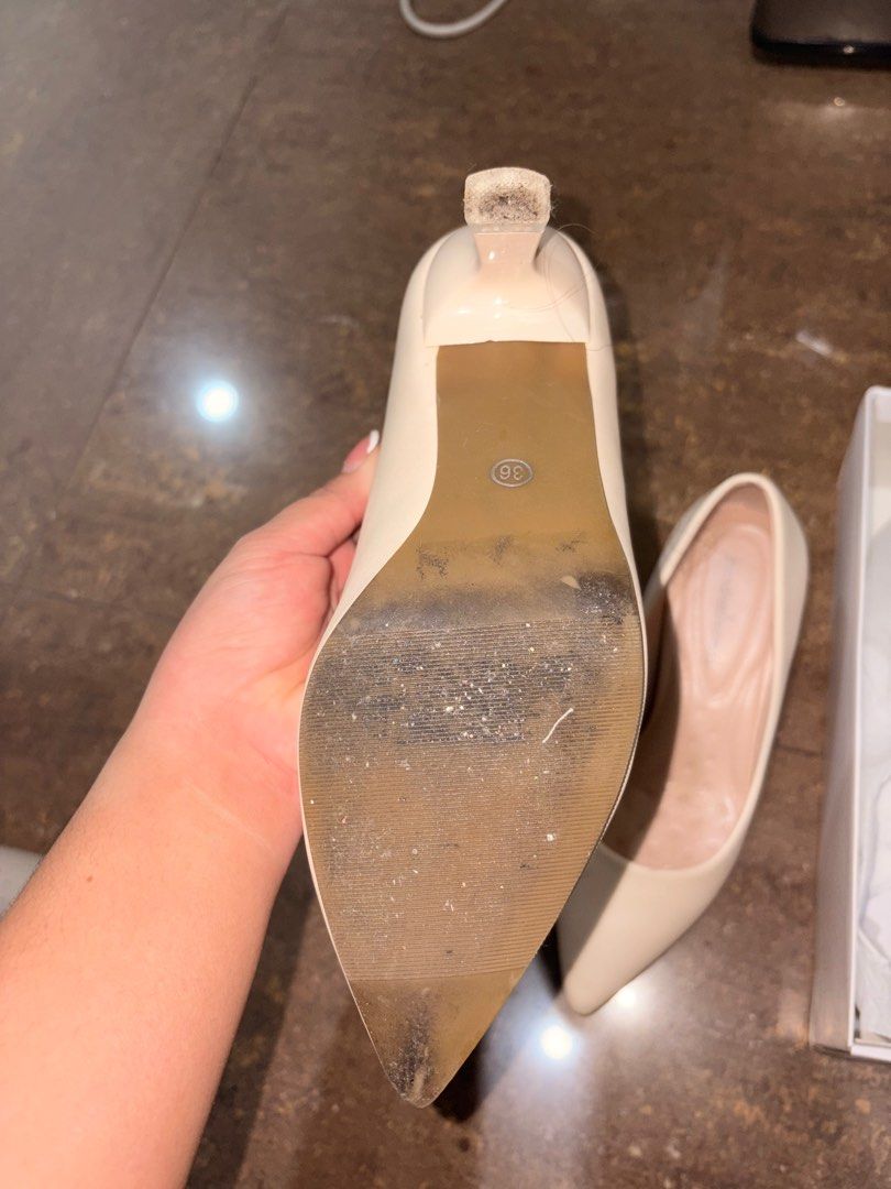 Mendrez Beige Shoes (Category: Heels) located in Manila. Submitted by orion_declutter (Listing ID 1391266510, Image 2). Description: Used once for an event May part ng shoe na kailangan ng shoe glue. See last image. Size 36 on print but really fits size 37. .