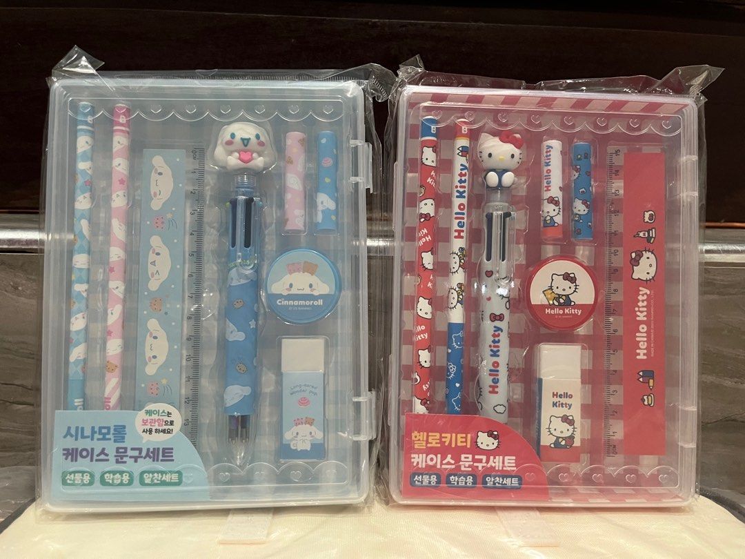 Sanrio Stationary Set (Cinnamoroll, Hello Kitty) (Category: Stationery & School Supplies) located in San Pablo. Submitted by roseperez (Listing ID 1391183716, Image 1). Description: Sanrio Stationary Set Official Sanrio merch Inclusion: 2 pencils 1 rules 1 multipen 2 pencil caps 1 eraser 1 sharpener 285 each set Available: Kuromi Hello Kitty .