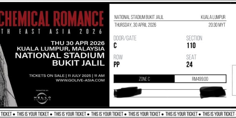WTS - MY CHEMICAL ROMANCE (MCR) TICKET FIRST DAY ZONE C SECTION 110