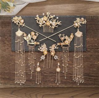 髮簪 步搖 漢服頭飾 全套中式婚嫁女裝 頭飾 頭箍 髮簪 耳環 髮冠 頭冠 流蘇 古風 古裝 髮飾 配件64244961519235110