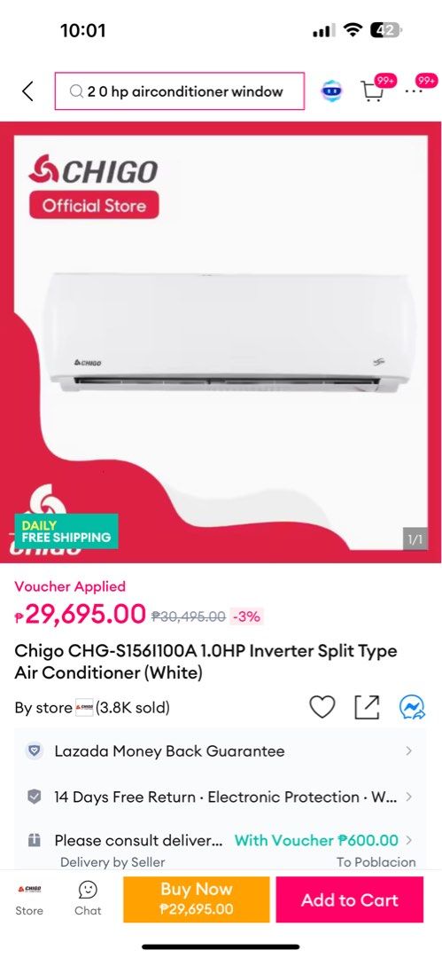 Chigo Split type Inverter Aircon 1hp (Category: Air Conditioning and Heating) located in Makati City. Submitted by dpgaquino_ (Listing ID 1391511548, Image 3). Description: Brand: Chigo (Inverter 1hp) 2nd hand. No issues and working properly just need to change freon around 3,000. Pickup location: Makati City.