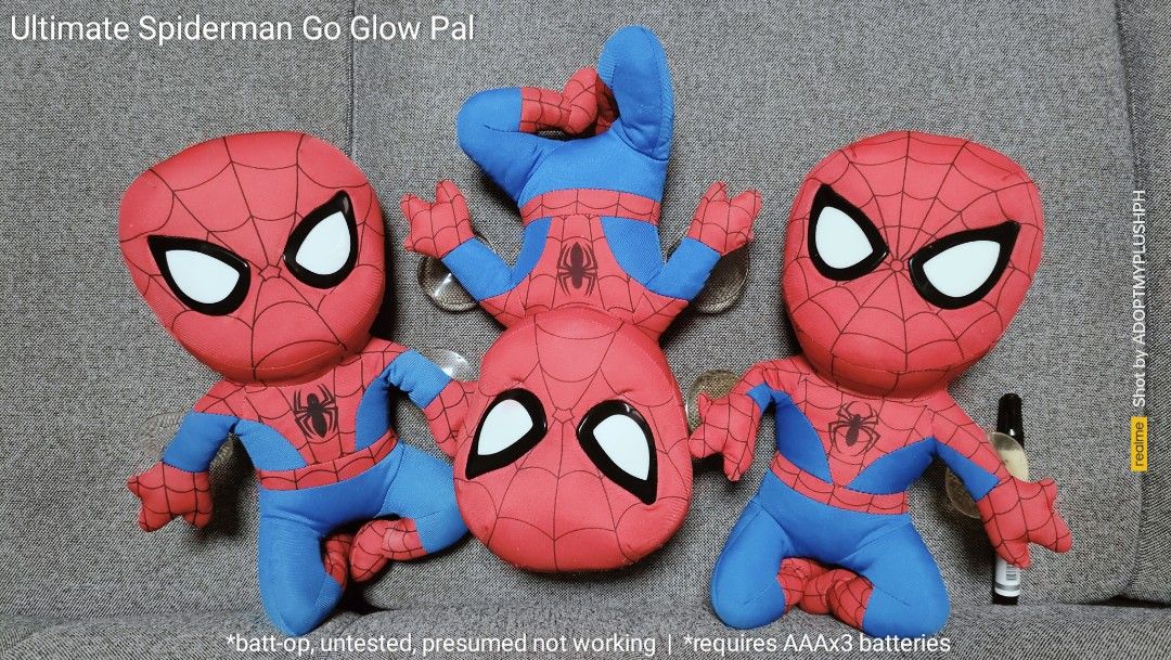 Go Glow Pal: Ultimate Spider-man (Category: Plushies & Soft Toys) located in Taguig. Submitted by adopt.my.plush.ph (Listing ID 1391443065, Image 1). Description: Ultimate Spider-man Go Glow Pal from Worlds Apart, 200.00 each This soft plush doubles as a nightlight - press his chest & its eyes *supposed to light up *batt-op, untested, presumed not working *requires AAAx3 batteries 👋 open for takeall 𝄃𝄃𝄂𝄂𝄀𝄁𝄃𝄂𝄂𝄃 marvels avengers dc comic