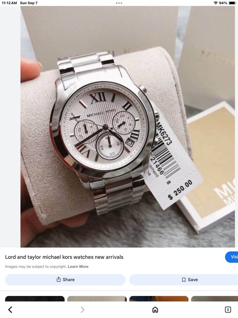Michael Kors Cooper MK6273 wristwatch (Category: Women's Watches) located in Roxas. Submitted by lutrelle (Listing ID 1391423646, Image 2). Description: This is a Michael Kors Cooper MK6273 wristwatch. ® • Design: It features a silver-tone stainless steel case and bracelet, with a glossy finish on the case and a matching silver dial. • • Features: The watch includes a chronograph with a stopwatch function and is water-resistant. o • Movement: It 