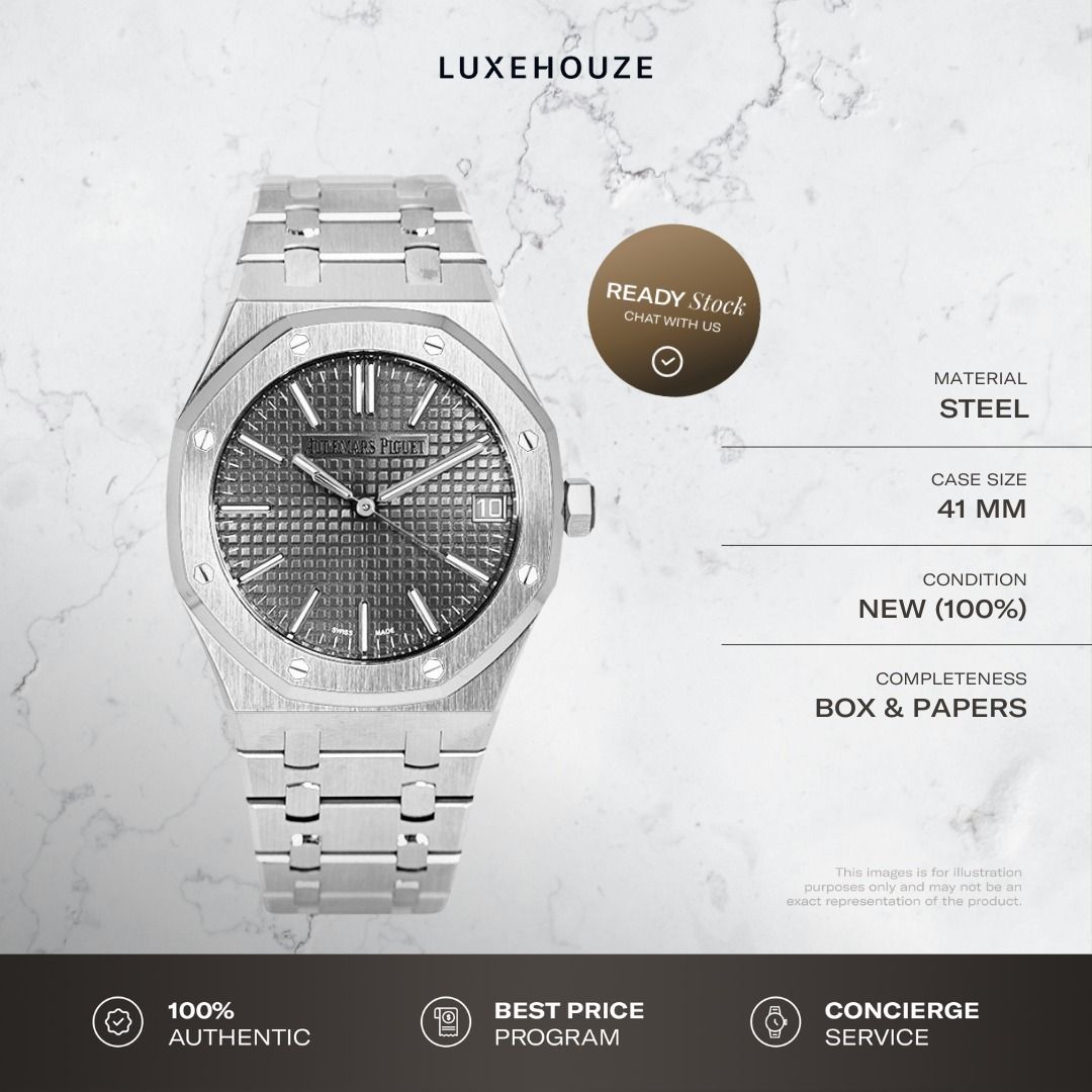 New 2025 Audemars Piguet Royal Oak 41 15510ST.OO.1320ST.10 15510ST Grey (Category: Watches) located in Singapore. Submitted by luxehouze (Listing ID 1389327951, Image 1). Description: Join our Community for special deals and latest arrivals! //bit.ly/LHWatchesSG Watch Details: SKU: 0015473 Condition: New (100%) Dial: Grey Year: 2025 Completeness: Box & Papers This item is available at Luxehouze Boutique Singapore. Please contact us to schedule a 