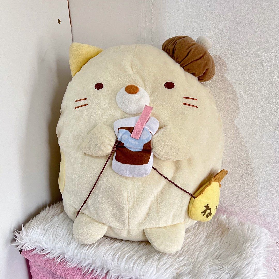 sumikko neko cat huggable holding drink (Category: Plushies & Soft Toys) located in Manila. Submitted by ashyyel_ (Listing ID 1391407793, Image 1). Description: need wash.