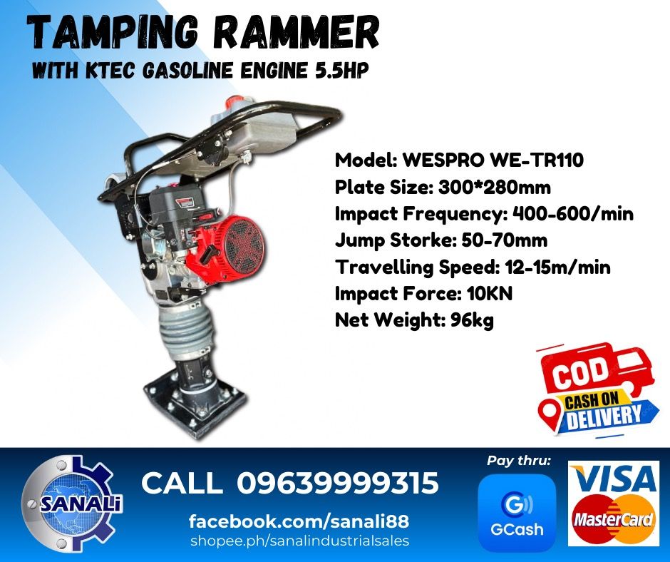TAMPING RAMMER with KTEC GASOLINE ENGINE 5.5HP (Category: Construction Tools & Equipment) located in Caloocan City. Submitted by sanaliindustrialsales (Listing ID 1391398983, Image 1). Description: TAMPING RAMMER with KTEC GASOLINE ENGINE 5.5HP 🛑Model: WESPRO WE-TR110 🛑Plate Size: 300*280mm 🛑Impact Frequency: 400-600/min 🛑Jump Stroke: 50-70mm 🛑Travelling Speed: 12-15m/min 🛑Impact Force: 10KN 🛑Weight: 96kg ☑️Brand New 💯% ☑️Heavy Duty 💯% ☑