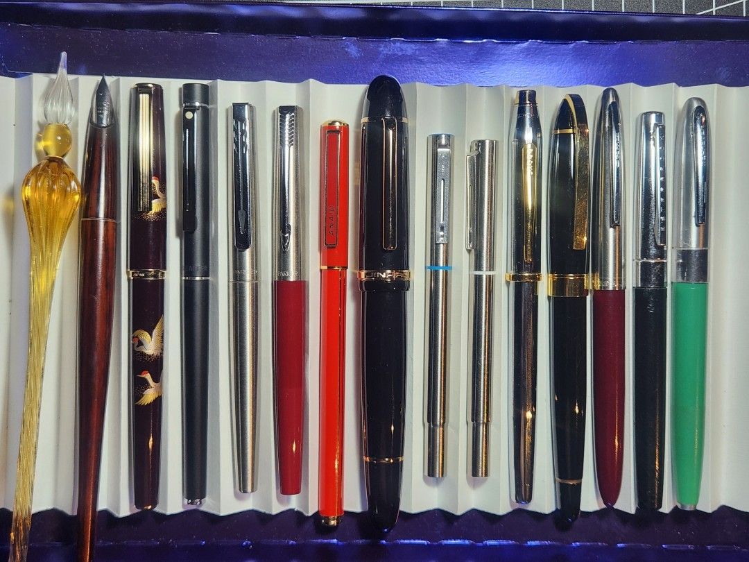 Assorted fountain pens Sheaffer, Parker, Cross, Sailor, Pilot (Category: Stationery & School Supplies) located in Pasig City. Submitted by penpaul (Listing ID 1391635730, Image 1). Description: 1. Vintage 1960s Wearever Fountain Pen Green Brushed Steel Cap medium Steel nib - P1,200 2. Vintage Sheaffer School Fountain Pen medium nib - P1,000 3. Hero hooded Fountain Pen Fine Nib - P500 4. Off brand Genius Iridium Nib Fountain Pen - P300 5. Cross Ce