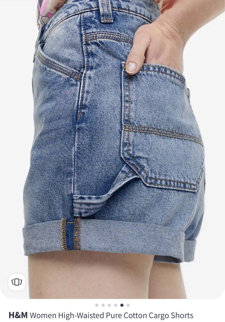 H&M Highwaisted Cargo Denim Shorts (Category: Shorts) located in Pasig City. Submitted by eiannn (Listing ID 1336525966, Image 2). Description: Size: EUR34 / US2 bought for 1590 used thrice only.
