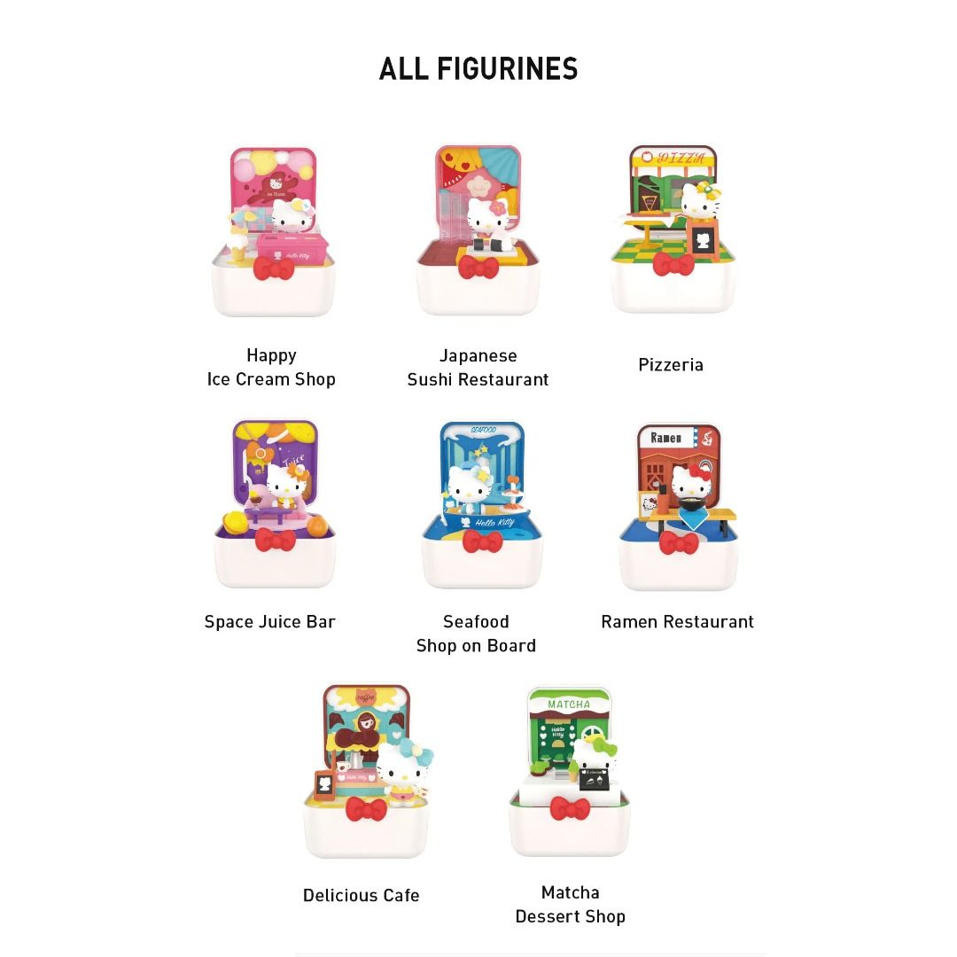 Pop Mart Hello Kitty Food Town Series (Category: Designer & Blind Box Toys) located in Valenzuela. Submitted by littlechopletsph (Listing ID 1391667705, Image 3). Description: P900 EACH / P850 EACH IF BUYING 3 OR MORE Happy Ice Cream Shop Japanese Sushi Restaurant Pizzeria Space Juice Bar Seafood Shop on Board Ramen Restaurant Delicious Cafe Matcha Dessert Shop - Opened box, sealed foil MOP: Gcash/BPI MOD: J&T/SDD.