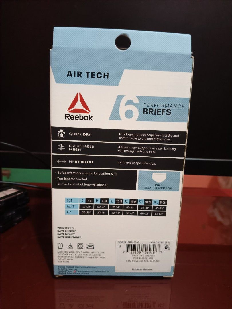 Reebok 6 Performance Briefs for Women (Category: Undergarments & Loungewear) located in Manila. Submitted by janelseshoppe (Listing ID 1391688091, Image 3). Description: Reebok 6 Performance Briefs for Women 👉 Hi-stretch 👉 Breathable mesh 👉Quick dry Size: S (waist: 27-28") (Hip: 36-38") ₱550/pack Mode of Payment Gcash.