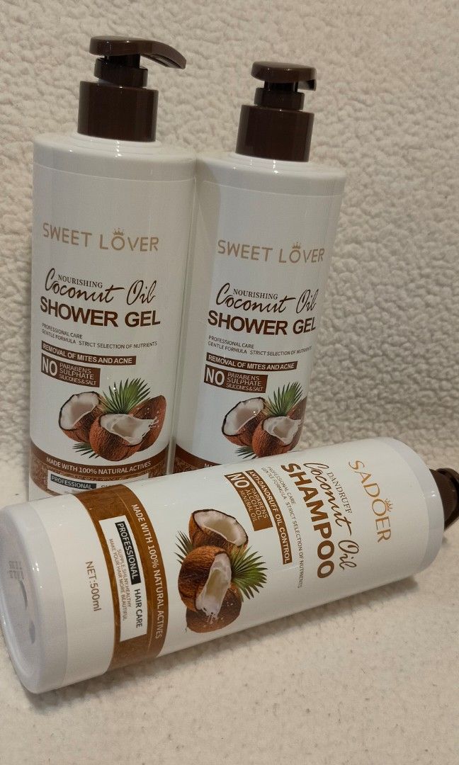 Shampoo and body wash (Category: Bath) located in Baras. Submitted by savios.preloved (Listing ID 1391636089, Image 1). Description: sadoer shampoo coconut shampoo sweet lover shower gel coconut body wash 100 each.