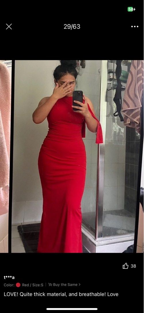 Shein red long dress (Category: Evening dresses & gowns) located in Marikina City. Submitted by calimagsofia (Listing ID 1391731630, Image 3). Description: sinukat lang po. rfs: Di kasya 🥲 .