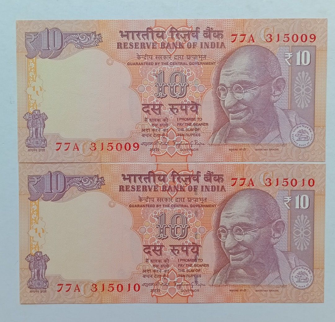 印度2017年10盧比兩張連號UNC（77A 315009-10）, 興趣及遊戲, 收藏品及紀念品, 錢幣- Carousell