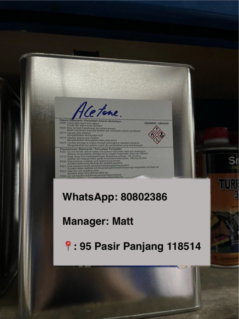Acetone (Category: Home Improvement Tools & Accessories) located in Singapore. Submitted by singaporenuclear (Listing ID 1413033263, Image 1). Description: ✅ Singapore’s Wholesale Distributor Since 1971 (9am-9pm customer service “8080 2386”) Acetone *Contact for deliveries -——— Singapore Nuclear Pte. Ltd. 54 Years as a Hardware Producer and Distributor in Singapore. 📍95 Pasir Panjang Road, 118514 Visit our website for our information: www.singap