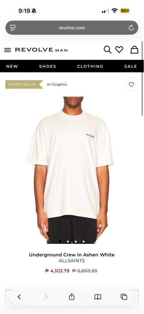 ALLSAINTS Underground Crew in Ashen White (Category: Tshirts & Polo Shirts ) located in Pasig City. Submitted by enneil (Listing ID 1412982394, Image 1). Description: W 60 cm L 80 cm.