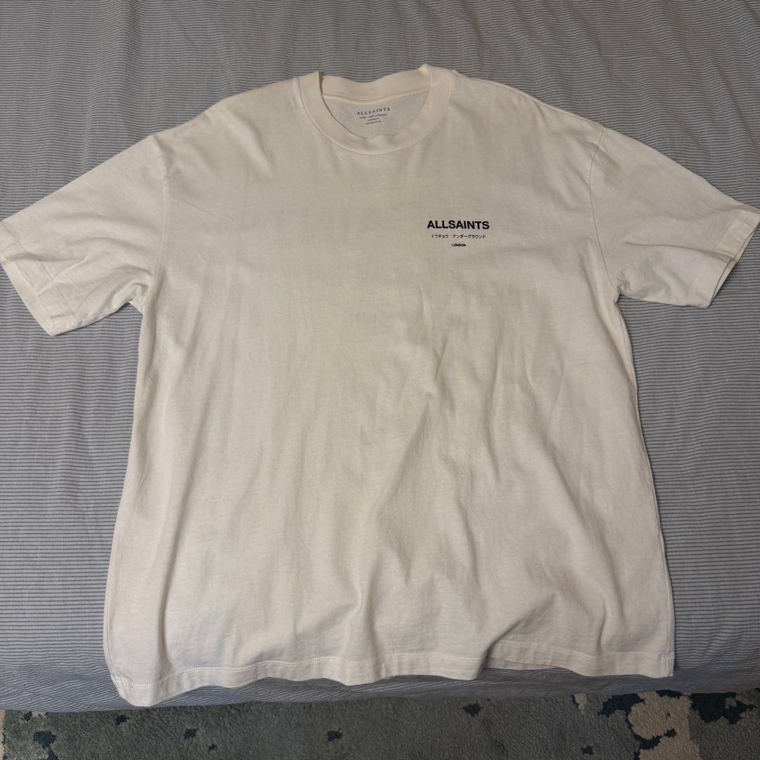 ALLSAINTS Underground Crew in Ashen White (Category: Tshirts & Polo Shirts ) located in Pasig City. Submitted by enneil (Listing ID 1412982394, Image 3). Description: W 60 cm L 80 cm.