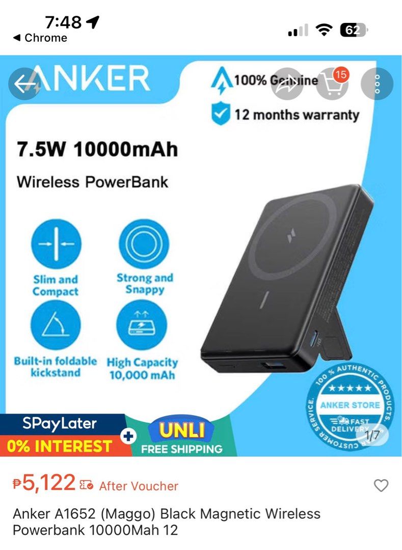 Anker MagGo Powerbank A1652 (Category: Batteries & Power Banks) located in Cebu City. Submitted by ReStyle_MY (Listing ID 1412968146, Image 1). Description: Has scratches as seen on photos Can do a minimum 2 full charges on my IP 15pro No box, already thrown out Personal use, rarely used (only on travels) No issues on the device, just the scratches on the glossy sides. RFS: Already bought new and upgraded version What you see is what you get. Sel