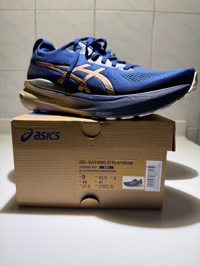 Asics Gel-Kayano 31 Platinum Running Shoes - Size 9 (Category: Sneakers) located in Singapore. Submitted by activea (Listing ID 1412980678, Image 1). Description: - Like new Asics Gel-Kayano 31 Platinum - Used only twice - total 15km - Size: US 9 - Color: Blue with gold accents - Includes original box - Suitable for running and everyday use - Feel free to ask any questions!.
