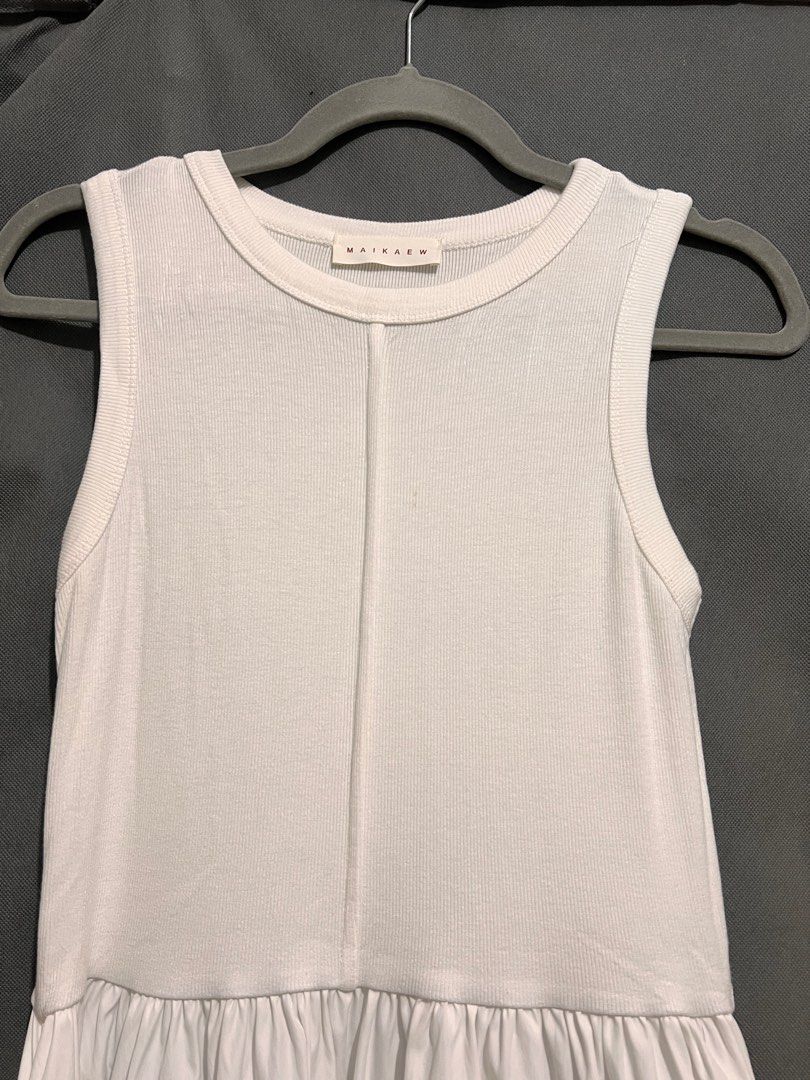 BKK White Sleeveless Dress (Category: Dresses) located in Taguig. Submitted by eybi.ph (Listing ID 1412944146, Image 2). Description: - can fit medium to large frame - Features a round neckline - Gathered skirt design - Includes pockets - Ribbed bodice - Flowing skirt - Minor stains present - Perfect for casual outings.