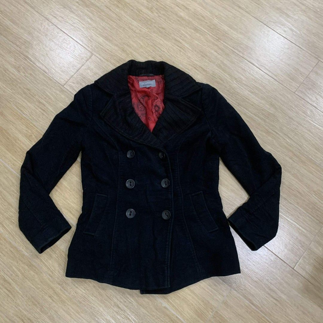 Black Double-Breasted Jacket (Category: Coats, Jackets and Outerwear) located in Quezon City. Submitted by reply_1982 (Listing ID 1412903041, Image 1). Description: - Stylish black double-breasted jacket - Unique collar design and decorative buttons - Vibrant red paisley lining - Made of a soft, possibly corduroy-like material - Adds a touch of sophistication to any outfit Length: 57cm Chest: 43cm Waist: 42cm Sleeves: 58cm.