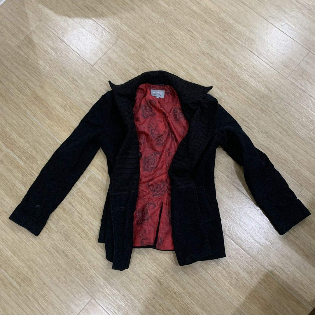 Black Double-Breasted Jacket (Category: Coats, Jackets and Outerwear) located in Quezon City. Submitted by reply_1982 (Listing ID 1412903041, Image 2). Description: - Stylish black double-breasted jacket - Unique collar design and decorative buttons - Vibrant red paisley lining - Made of a soft, possibly corduroy-like material - Adds a touch of sophistication to any outfit Length: 57cm Chest: 43cm Waist: 42cm Sleeves: 58cm.